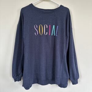 Wildfox SOCIAL Embroidered Sweatshirt Crew Neck Blue Size XXL Long Sleeve